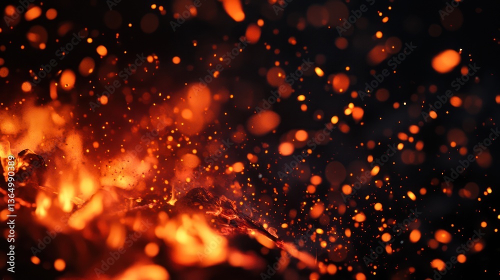 Fototapeta premium Fiery flames and sparks, night view, nature background, Abstract fire, use in visual design