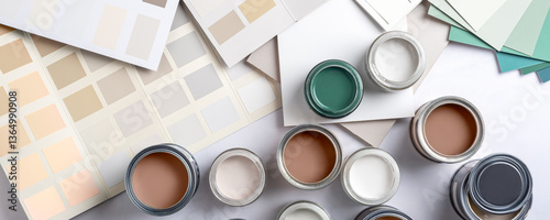Tiny sample paint cans during house renovation, process of choosing paint for the walls, Mocha Mousse color of the year 2025, color charts on background, banner size