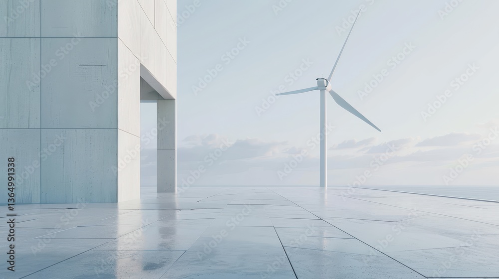 Fototapeta premium Modern Architecture with Wind Turbine in Serene Landscape