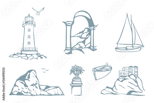 Seaview theme hand drawn elements set. Various seaside design for card, poster, social media, travel