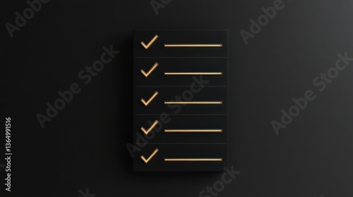 Minimalist checklist with gold ticks and dark background for organization and task management purposes