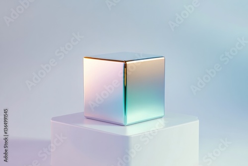 Shiny cube on pedestal reflects soft pastel hues, creating an et