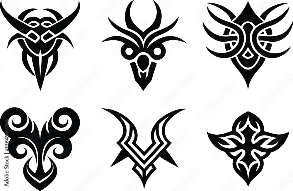 Obraz premium Collection Of Tribal Shapes With A Stiff Touch And Symmetrical Neo Tribal Pattern Cyber ​​Gothic Elements On White Background