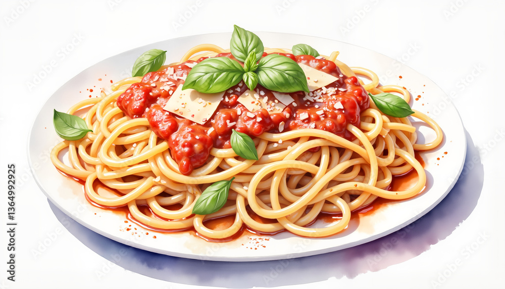 Watercolor painting of a plate of spaghetti with marinara sauce, long pasta strands coated in a rich red tomato sauce, sprinkled with fresh basil and Parmesan cheese. Isolated on white Watercolor painting of a plate of spaghetti with marinara sauce, long pasta strands coated in a rich red tomato sauce, sprinkled with fresh basil and Parmesan cheese. Isolated on white