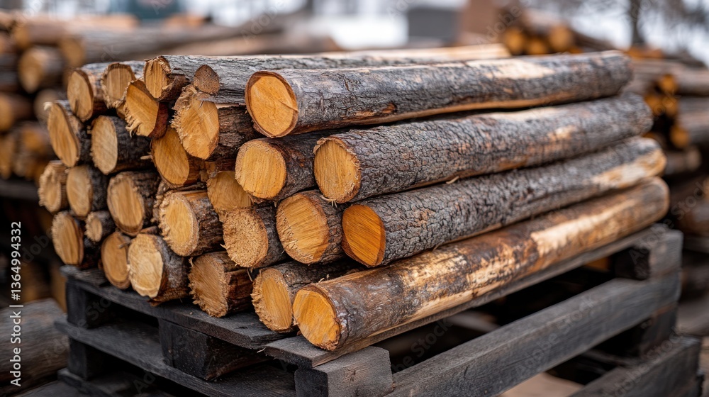 Stacked firewood logs on pallets outdoors. Ready for winter Stacked firewood logs on pallets outdoors. Ready for winter