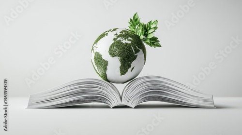 Open Book with Globe and Green Leaves Symbolizing Knowledge, Growth, and Environmental Awareness