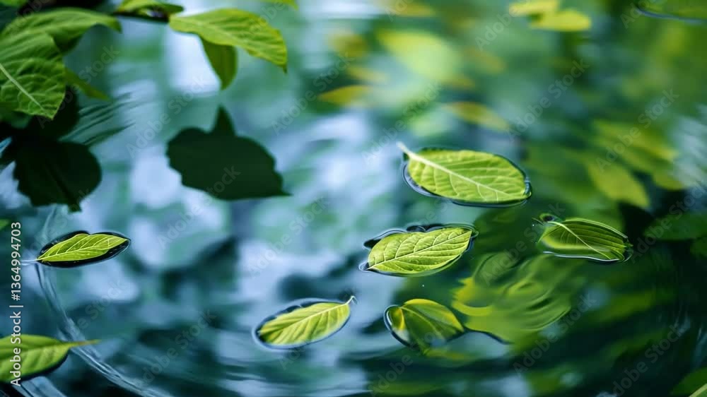 Floating Leaves on Water: A serene composition of vibrant green leaves gently floating on the tranquil surface of water, reflecting the interplay of light and shadow. Floating Leaves on Water: A serene composition of vibrant green leaves gently floating on the tranquil surface of water, reflecting the interplay of light and shadow.