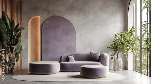Modern purple living room interior.