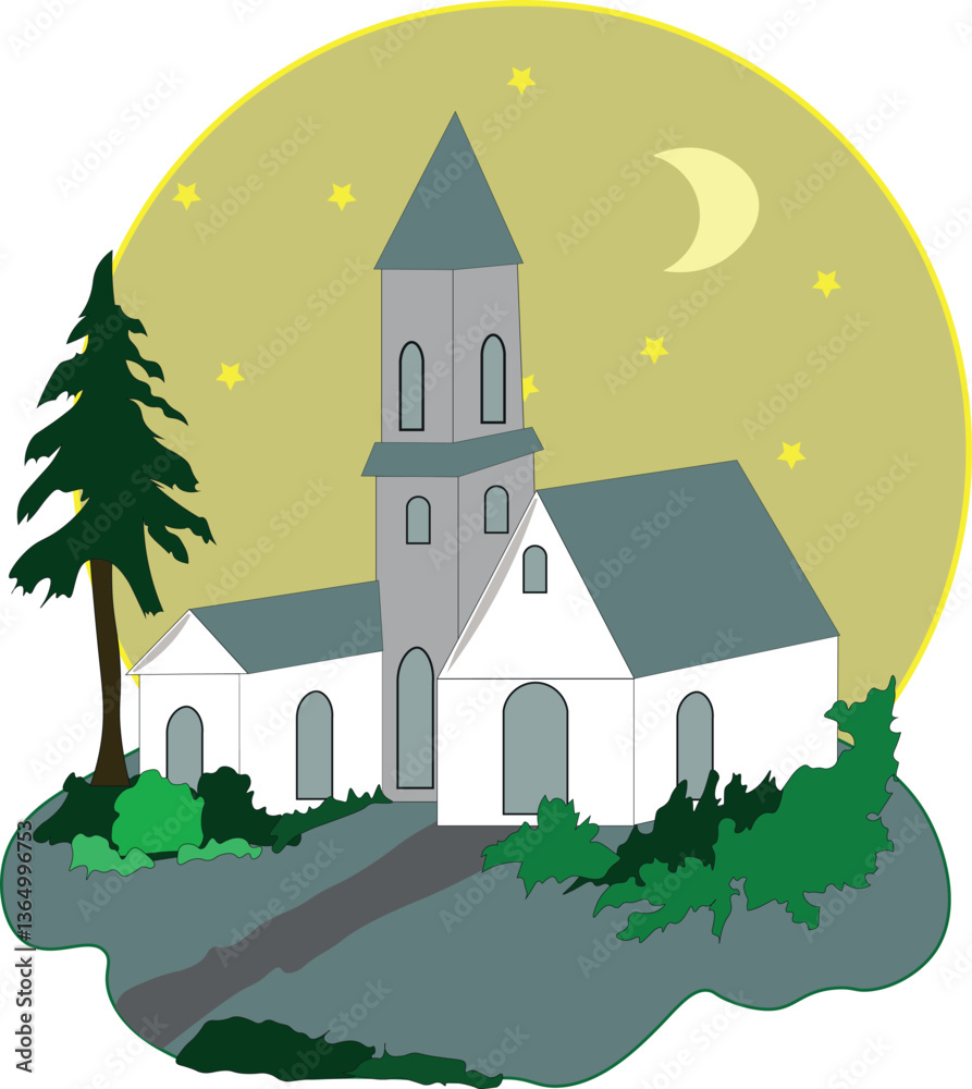 Naklejka premium church on the hill with a moonlight background