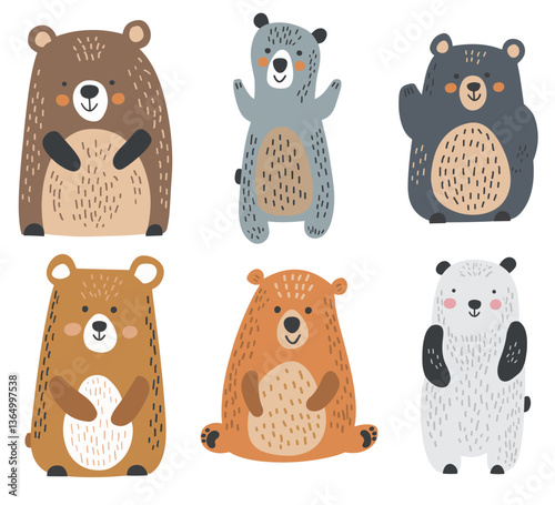 Clip art hand drawn vector illustration of a cute funny bears isolated objects on white background
