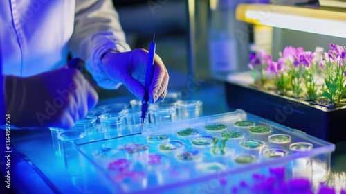 Fototapeta Naklejka Na Ścianę i Meble -  A marine biologist researching coral reef restoration using advanced biotechnology, research lab with coral samples, marine bioengineering tools