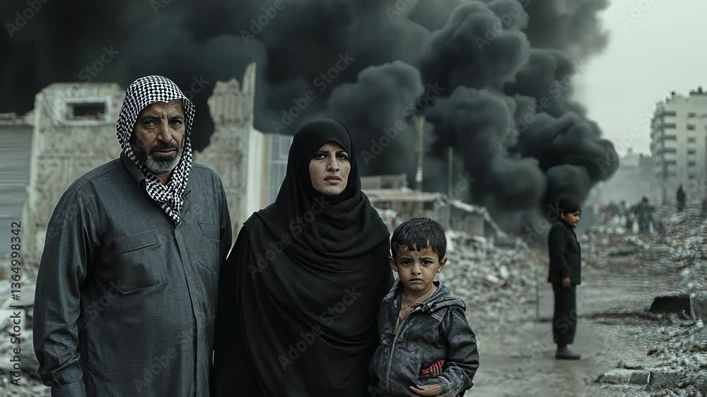 Families facing devastation and despair in a war-torn city at dusk