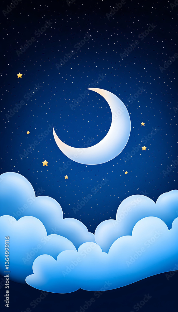 Crescent moon, stars, and fluffy clouds in a dark night sky Crescent moon, stars, and fluffy clouds in a dark night sky