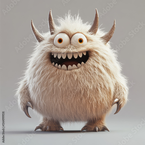 Fluffy monster character with big eyes and sharp teeth in playful 3D illustration style that brings joy and creativity