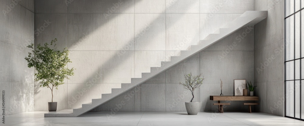 Fototapeta premium Modern minimalist interior with concrete walls, floating staircase, potted plants, and wooden console table