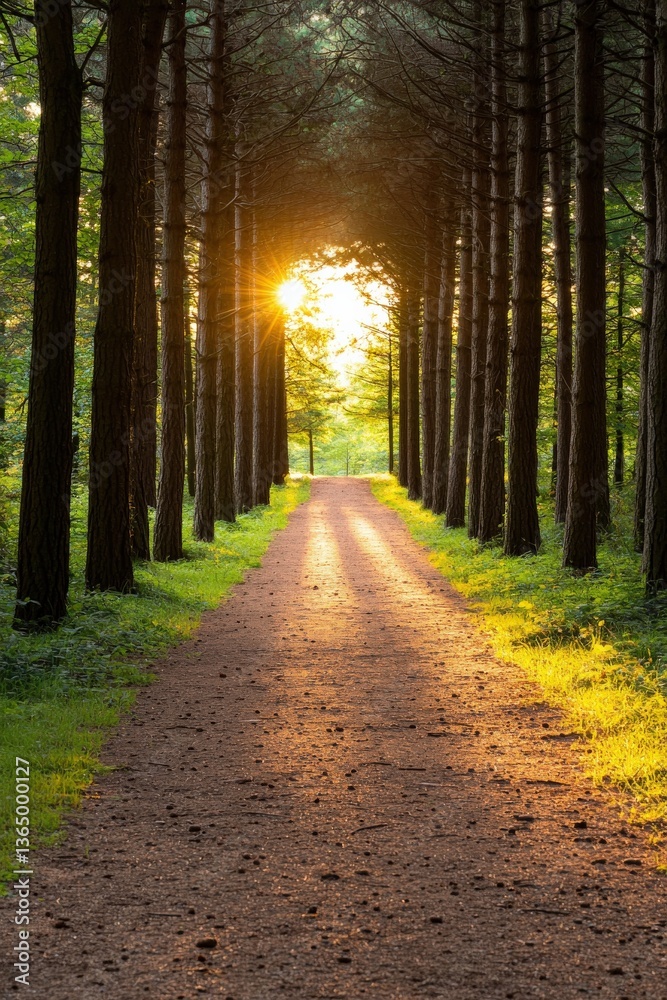 Fototapeta premium A forest path at sunrise where tree silhouettes create an intricate natural archway, Conifer,Tree,Gymnosperms,OrganismsForests