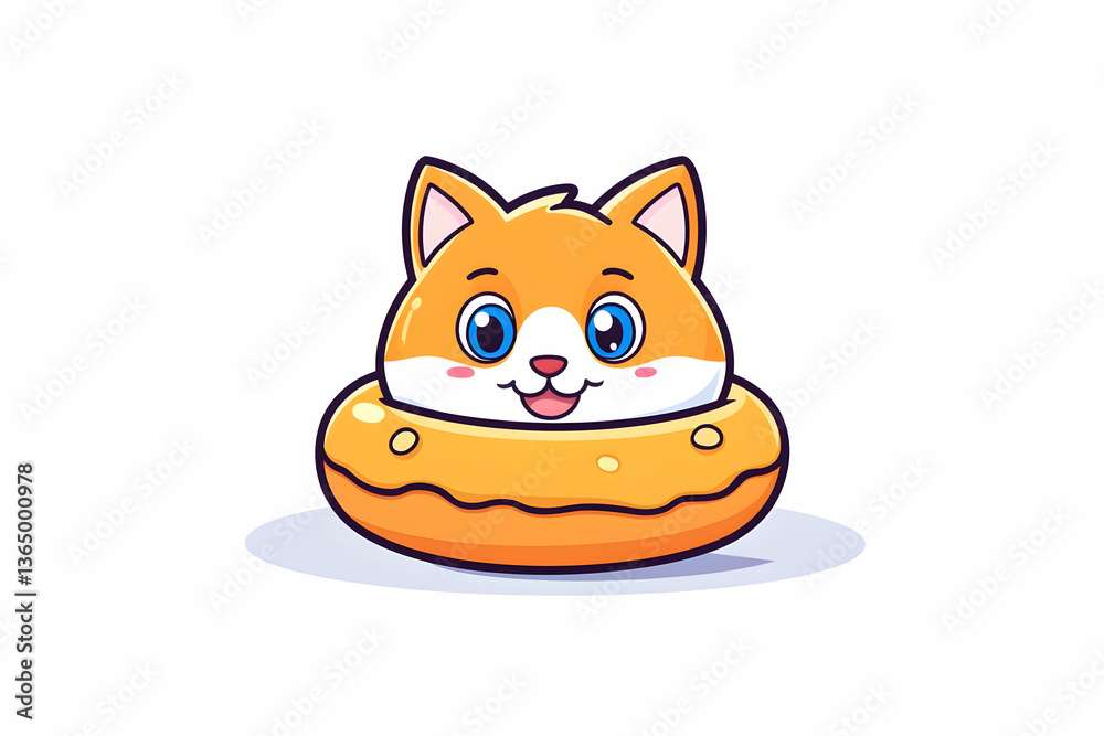 Fototapeta premium Cute cartoon kitten's head peeking from a glazed donut