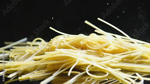 deconstructed cooked pasta being separated in mid air and then coming back together to form back into pasta, isolated on a black background