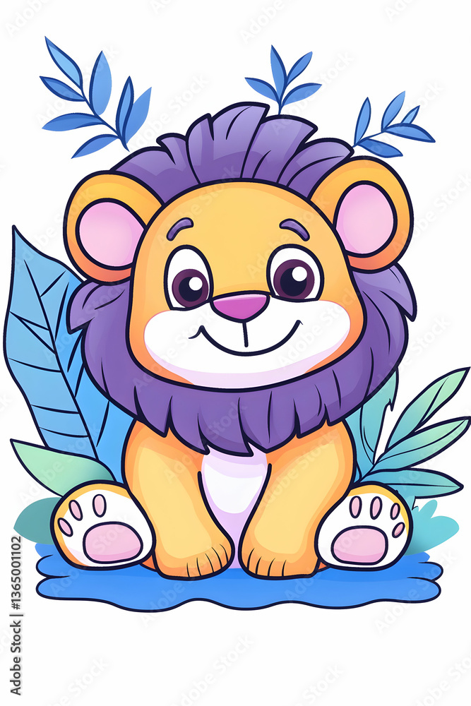 Naklejka premium Cute cartoon lion sits amid leaves with a purple mane and happy expression