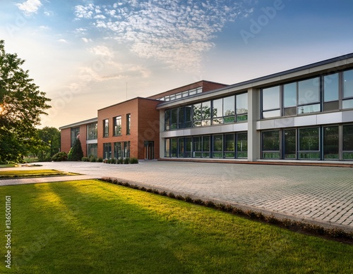 a modern school building with large glass windows and a neatly landscaped front yard