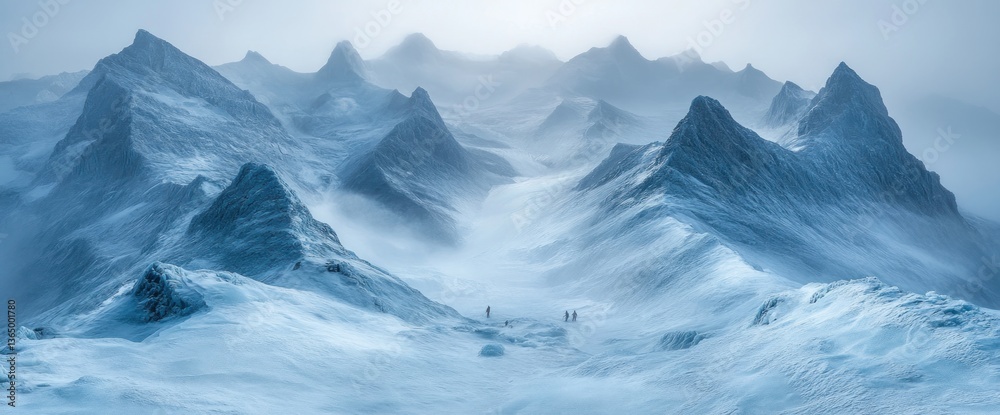 Fototapeta premium Snowy peaks shrouded in mist, hikers traverse the icy landscape