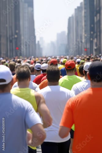 Wallpaper Mural A large group of people are running down a city street. The people are wearing various colors of shirts and hats. Scene is energetic and lively, as the runners are moving quickly Torontodigital.ca
