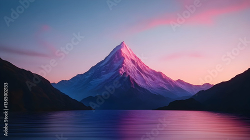 Pink And Purple Sunset Over Snowy Mountain Lake