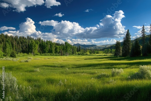 Ashley National Forest, Utah. Tranquil summer landscape with lush green meadows and forest under a blue sky