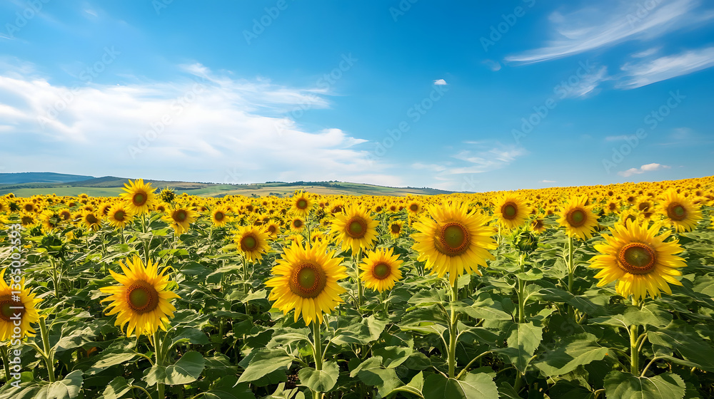 Fototapeta premium sunflower, field, flower, agriculture, sky, nature, summer, yellow, sun, blue, plant, sunflowers, meadow, sunny, leaf, bright, farm, growth, rural, blossom, landscape, flora, color, colorful, beauty