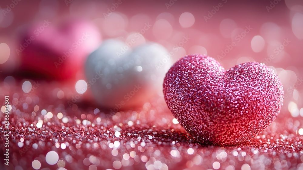 Obraz premium Pink and white hearts float on a glittery pink background, romantic for love celebrations.