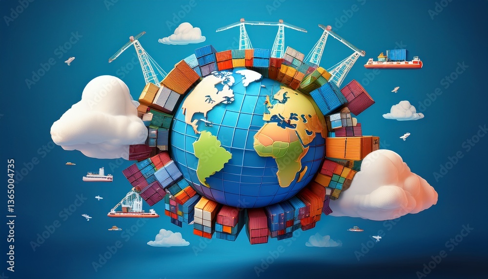 Naklejka premium logistics cargo shipping cost effective concept colorful 3d globe surrounded by shipping containers and clouds on a blue background