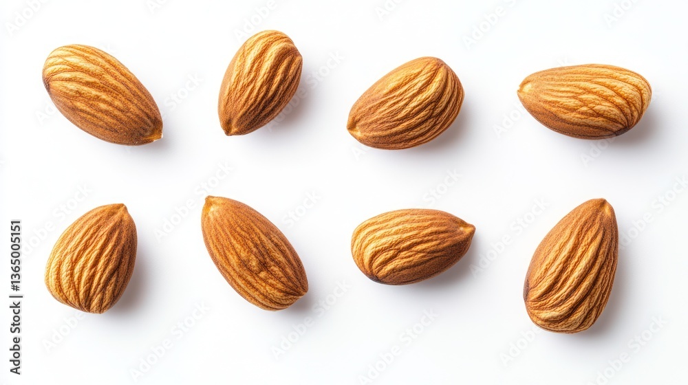 Almonds, arranged, overhead, on white background, for food, healthy snack Almonds, arranged, overhead, on white background, for food, healthy snack