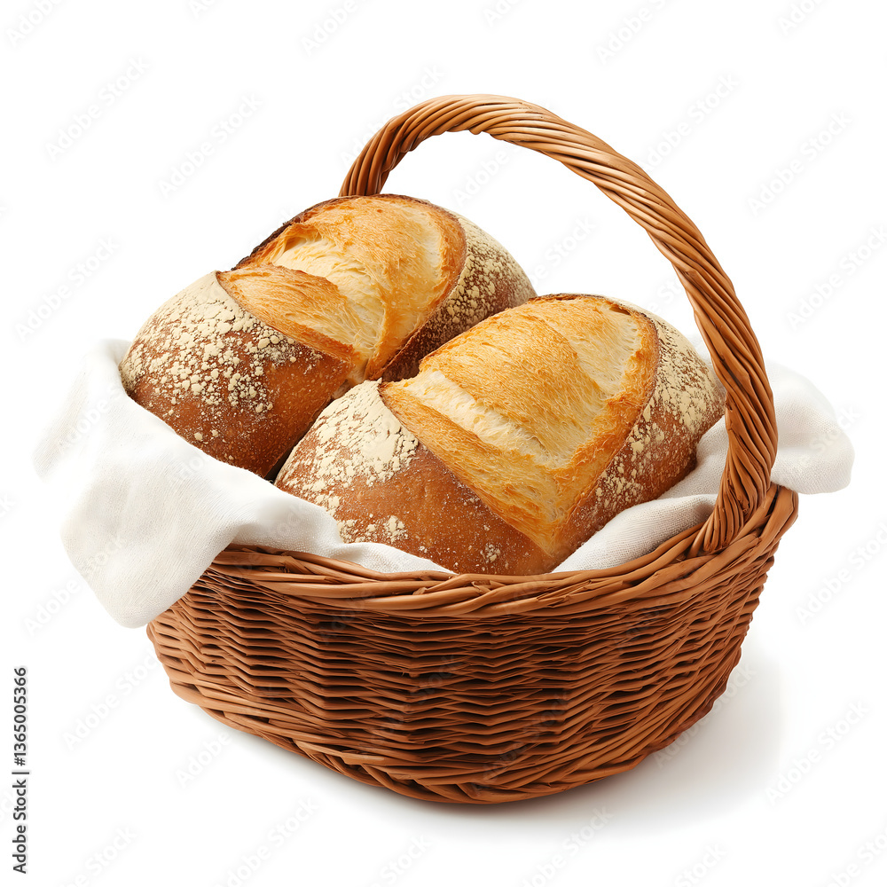 Fresh baked bread in a basket on a white background Fresh baked bread in a basket on a white background