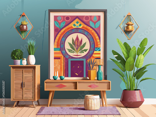 vector of Mock up poster frame in boho style decorated living room. Modern, authentic Interior design of living room with wooden furnitures. 3D illustration