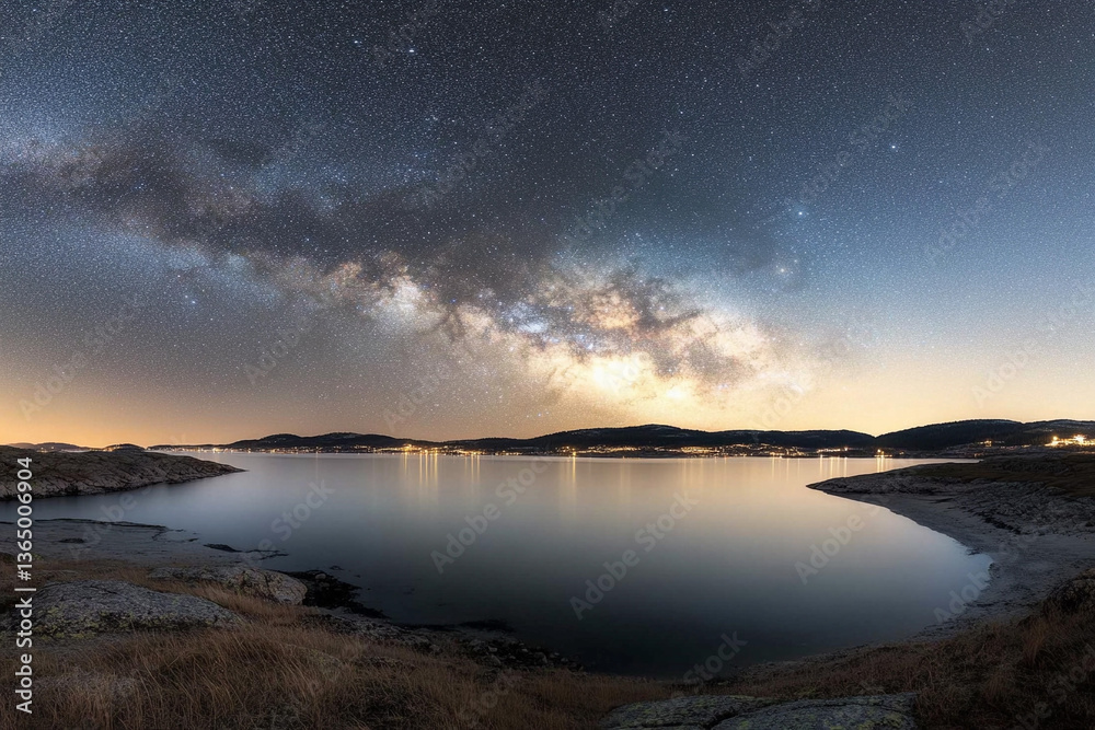 Fototapeta premium Starry Milky Way illuminated above serene mountain lake at night