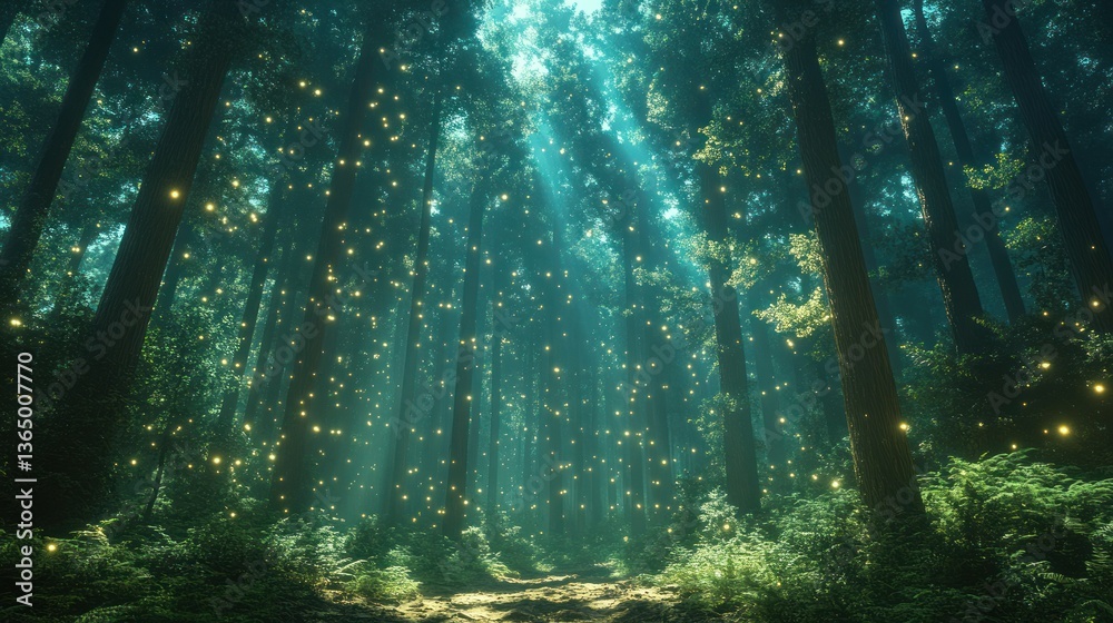 Obraz premium Enchanting forest path, glowing fireflies illuminating the way