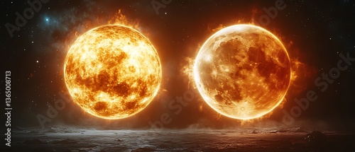 Two Celestial Spheres Erupting Flames Amongst a Starry Space