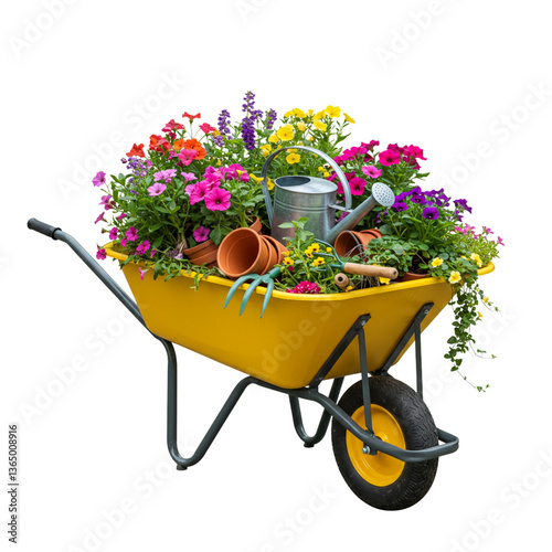 Colorful garden wheelbarrow filled with vibrant flowers
