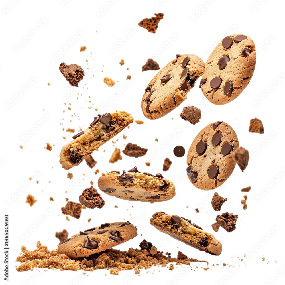 Scattered Chocolate Chip Cookies PNG – Broken Crunchy Treats with Crumbs for Bakery and Snack Branding