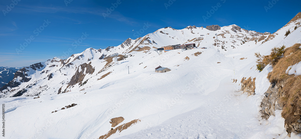 Nebelhorn mountain top station of gondola and ski run, winter landscape Oberstdorf