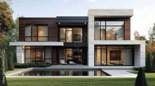 Modern house design with large windows, wood and stone exterior, and infinity pool
