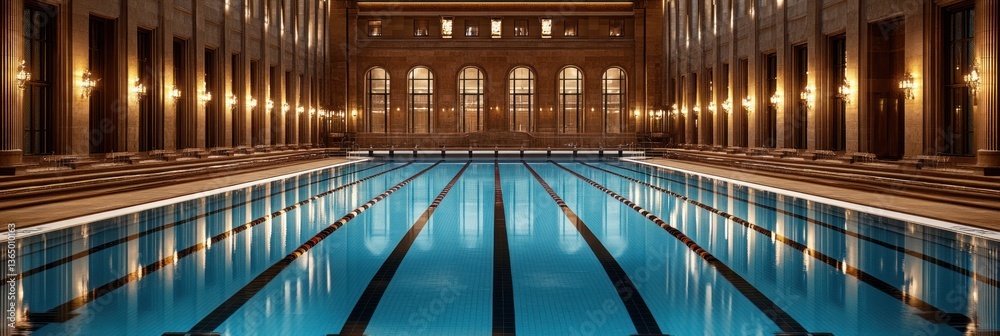 Obraz premium Indoor lap pool in grand hall, lit by warm lights, reflecting in still water