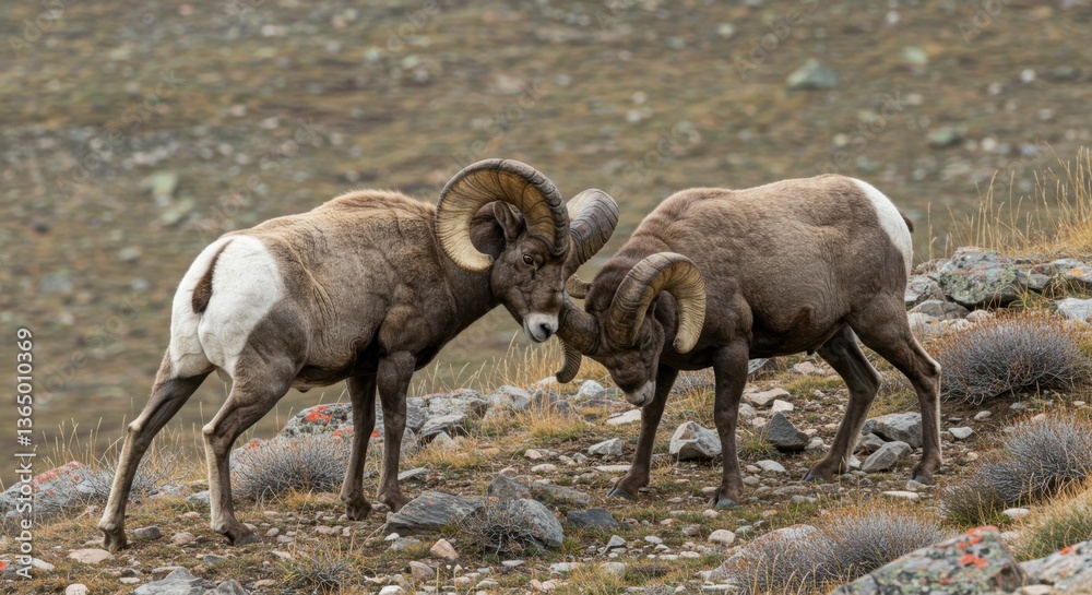 Bighorn Sheep Rams Headbutting in Mountainous Terrain Bighorn Sheep Rams Headbutting in Mountainous Terrain