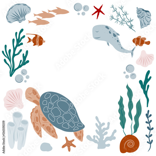 Template with sea turtle, fish, whale and ocean elements. Marine Background for invitation or greeting cards. Illustration of underwater Frame