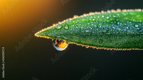 Dewdrop s Reflection Golden Hour Glow Creates Stunning Macro Art on Blade of Green Grass