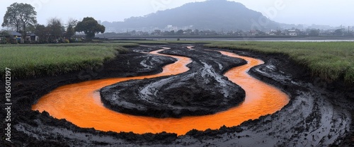 Orange water flows through a dark, winding riverbed in a verdant landscape
