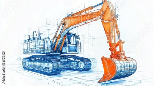D illustration of a hydraulic excavator showcasing detailed blueprints in a vibrant orange and blue color palette for construction and engineering themes