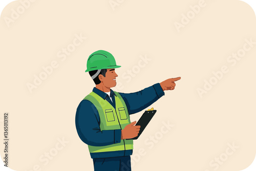 Construction Worker Pointing Direction: Vector Illustration of Man in Safety Vest and Helmet with Clipboard, Giving Instructions