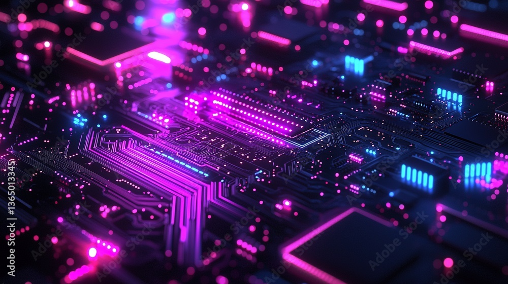 Obraz premium Glowing blue and purple electronic circuit board design abstractly displayed