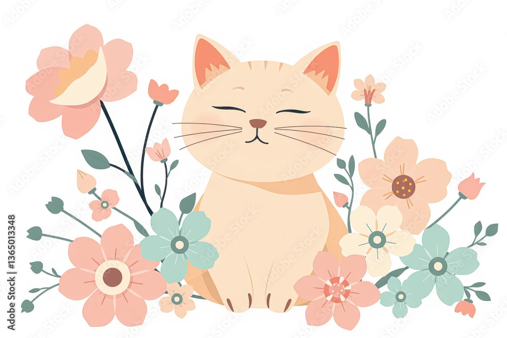 Adorable Smiling Cat Surrounded by Soft Pastel Flowers, Cute Minimalist Illustration with Floral Elements and Whimsical Charm Adorable Smiling Cat Surrounded by Soft Pastel Flowers, Cute Minimalist Illustration with Floral Elements and Whimsical Charm